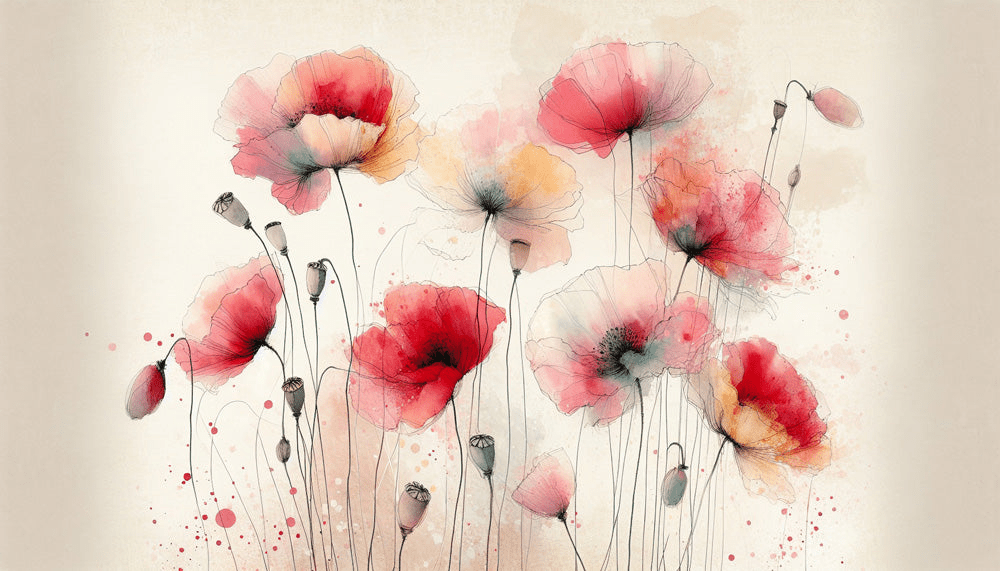 Pink floral wallpaper featuring red poppies with red spots - Carving wallpaper