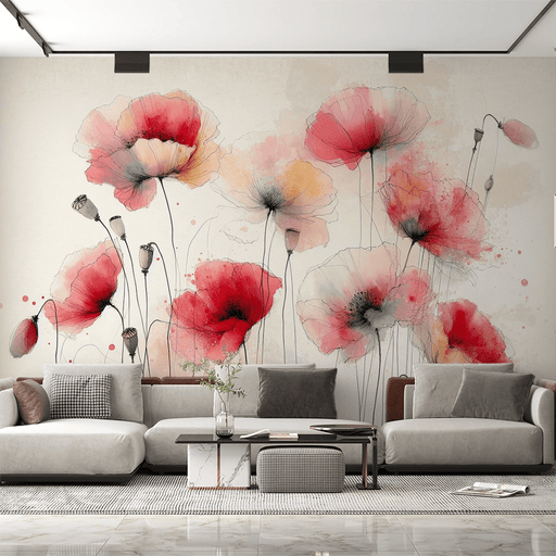 Pink floral wallpaper featuring red poppies with red spots - Carving wallpaper