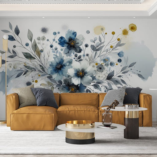 Pink floral wallpaper mural | Blue watercolor with petals and leaves - Carving wallpaper