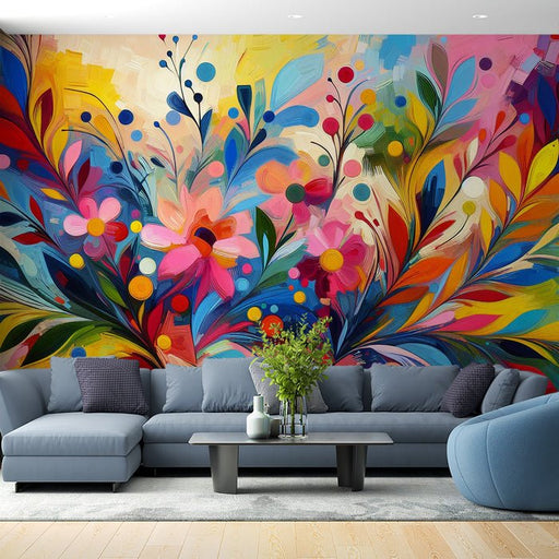 Pink floral wallpaper mural | Colorful modern art painting - Carving wallpaper