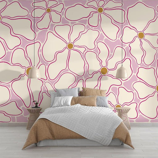 Pink floral wallpaper mural | Geometric flowers - Carving wallpaper