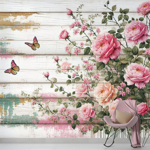 Pink floral wallpaper mural | Spicy pink on white aged wood background - Carving wallpaper