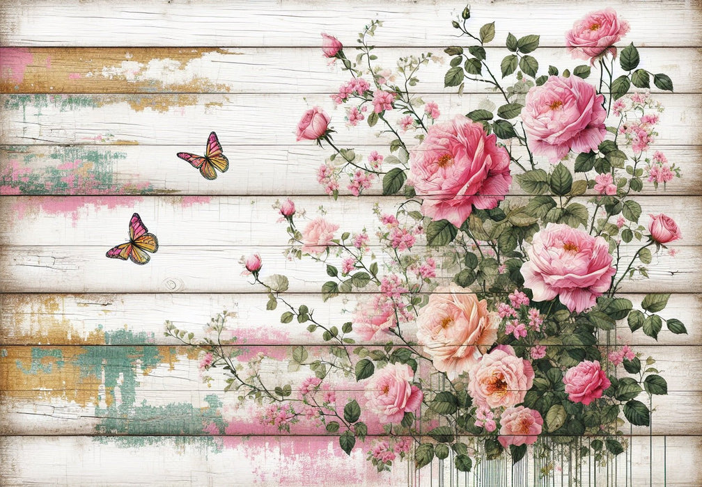 Pink floral wallpaper mural | Spicy pink on white aged wood background - Carving wallpaper