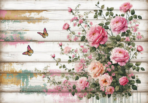 Pink floral wallpaper mural | Spicy pink on white aged wood background - Carving wallpaper