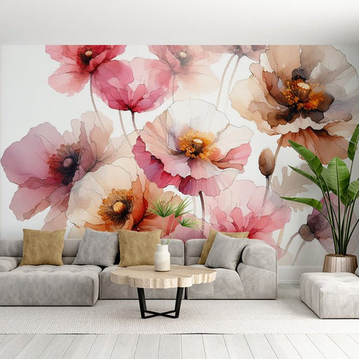 Pink flower wallpaper mural | Watercolor mixed with pink - Carving wallpaper