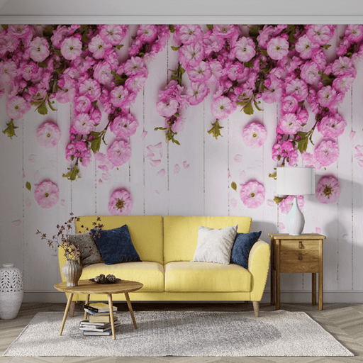 Pink flowers wallpaper mural | white wood grain - Carving wallpaper