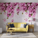 Pink flowers wallpaper mural | white wood grain - Carving wallpaper