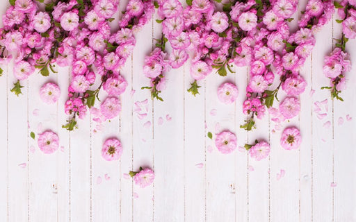 Pink flowers wallpaper mural | white wood grain - Carving wallpaper