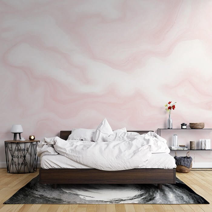 Pink Fluid Wallpaper Mural | Wave and Vortex Patterns - soft pink bedroom wallpaper with fluid wave textures, modern minimalist design for cozy sleep spaces