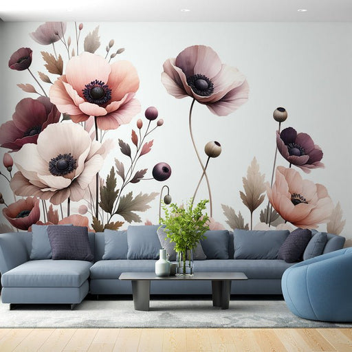 Pink Mural Wallpaper | Pink and White Retro Flowers - Carving wallpaper