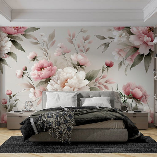 Pink Peony Wallpaper Mural | Pink and White Peony Flowers - Carving wallpaper