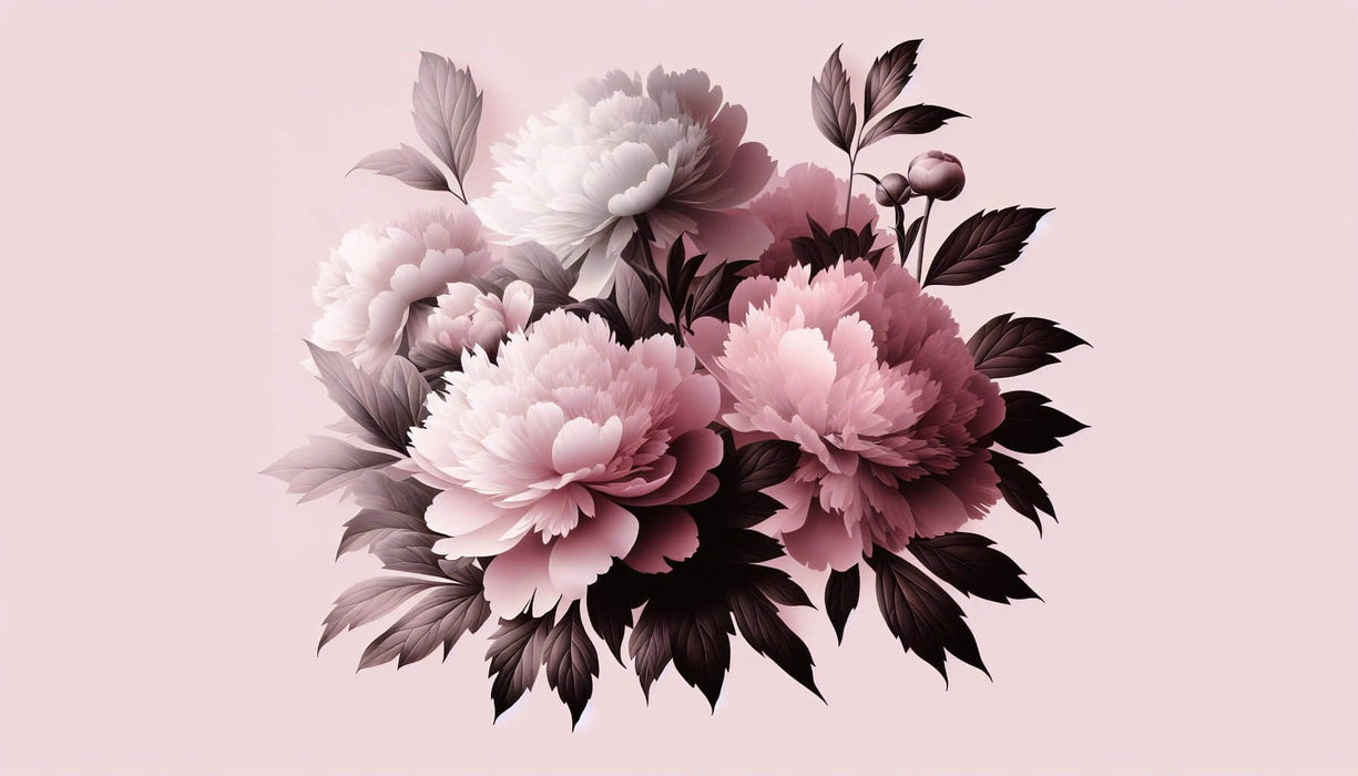 Pink Peony Wallpaper Mural | Beautiful Plants - Pink peonies bouquet with soft pastel hues and dark leaves, elegant bedroom decor