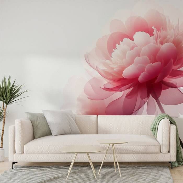 Pink Peony Wallpaper Mural | White Background Flower - elegant pink peony mural on white background, serene living room backdrop