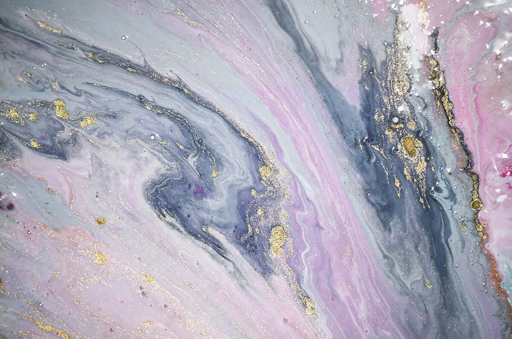 Pink Purple Fluid Art Wallpaper | Pink Purple Gradient Bedroom Mural with gold foil swirls and fluid Nebula-like textures