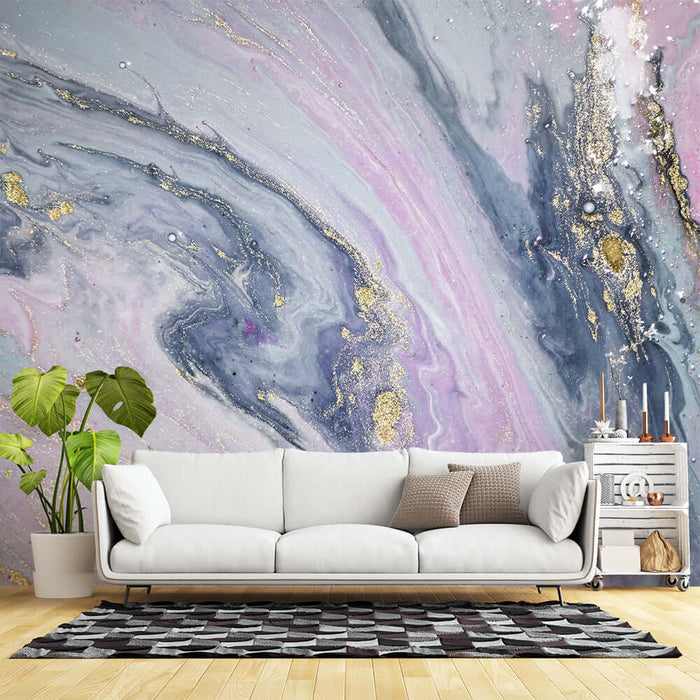 Pink Purple Fluid Art Wallpaper | Pink Purple Gradient Bedroom Mural with gold foil accents in a modern living room backdrop