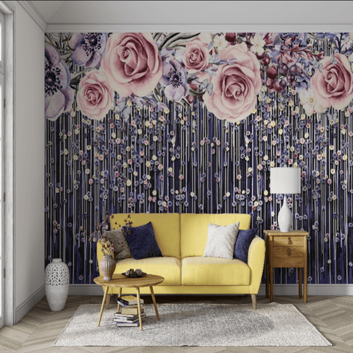 Pink purple rose wallpaper mural | romantic flower curtain elegant dream - Carving wallpaper