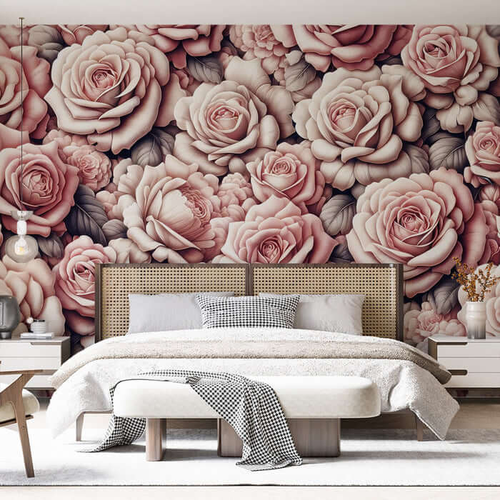Pink Rose Wallpaper Mural | Living Room and Bedroom Decorative Wall - Romantic pink rose wallpaper with embossed retro elements for luxurious living room and bedroom decor