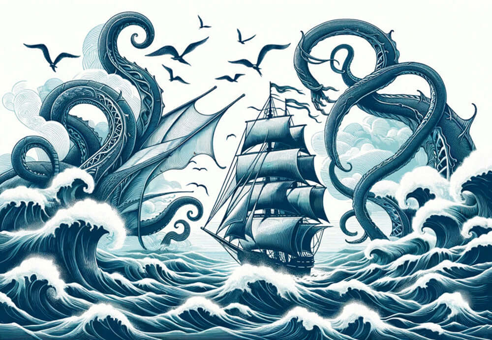 Pirate mural wallpaper | Sea monster attack featuring a vintage sailing ship battling enormous sea monsters and towering waves