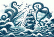 Pirate mural wallpaper | Sea monster attack featuring a vintage sailing ship battling enormous sea monsters and towering waves