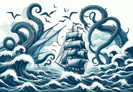 Pirate mural wallpaper | Sea monster attack featuring a vintage sailing ship battling enormous sea monsters and towering waves