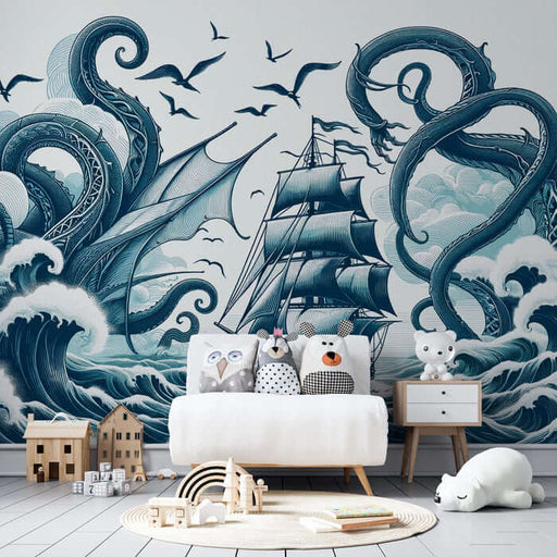 Pirate mural wallpaper | Sea monster attack: vintage sailing ship battling towering sea monsters with tentacles amid stormy waves