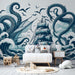 Pirate mural wallpaper | Sea monster attack: vintage sailing ship battling towering sea monsters with tentacles amid stormy waves