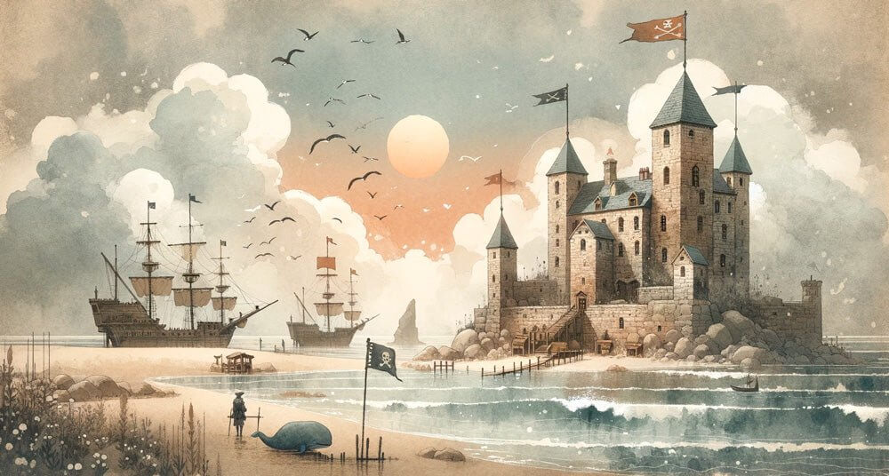 Realistic Waterwatercolour Pirate Castle Mural Wallpaper - Adventure Sunset Scene