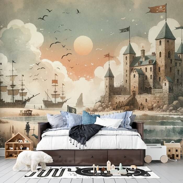 Realistic Waterwatercolour Pirate Castle Mural Wallpaper - Adventure Sunset Scene: a coastal castle mural with ships, sunset, and pirate flags behind a cozy bed setup