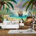 Pirate Wallpaper Mural | Treasure Map Under Coconut Trees - Carving wallpaper