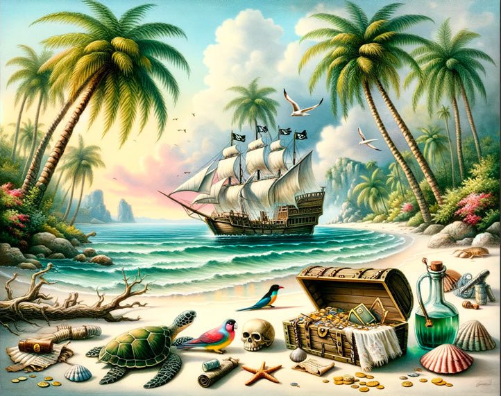 Pirate Wallpaper Mural | Turtles and Stranded Treasures - Carving wallpaper