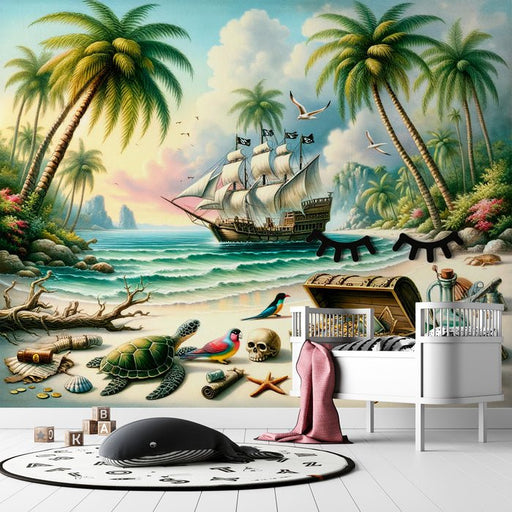 Pirate Wallpaper Mural | Turtles and Stranded Treasures - Carving wallpaper