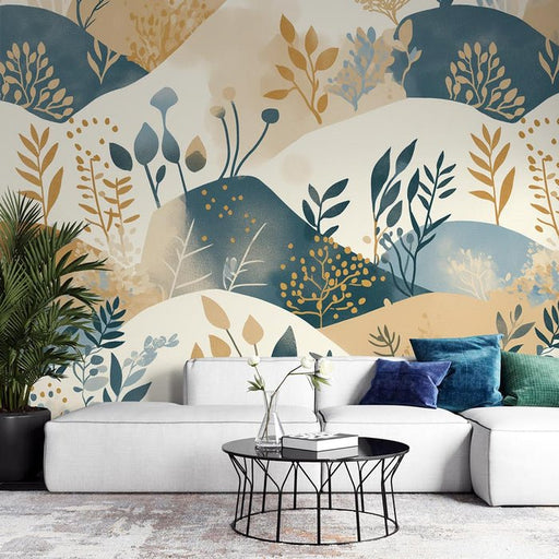 Plant Geometry Wallpaper Mural | Blue Brown Tone - Carving wallpaper