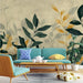 Plant Leaf Wallpaper Mural | Dark Green and Golden Leaves - Carving wallpaper