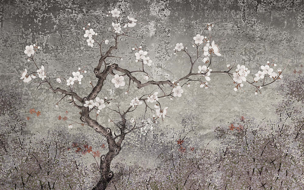 Plum Blossom Retro Style Wallpaper | Elegant Zen Decorative Paintings in Living Room and Bedroom