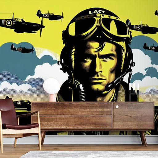 Pop Art Aviation Mural: LACY Pilot & Fighter Jet Squadron - Bold Yellow/Black Wallpaper