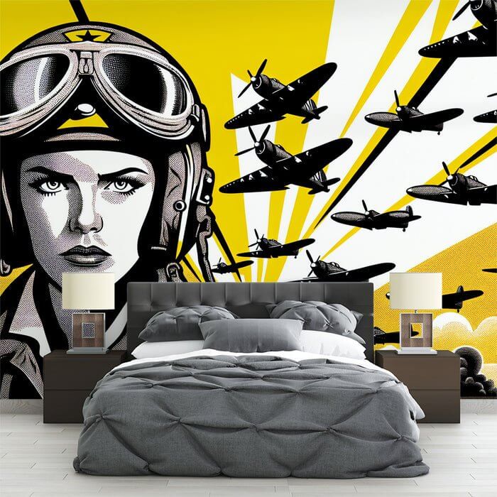 Pop Art Pilot Wallpaper Mural – Bold Black & Yellow Aviation Theme – High-Resolution Décor for Bedroom & Living Room