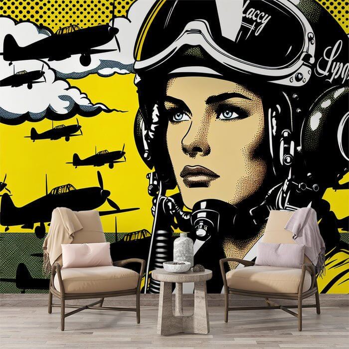 Pop Art Pilot Wallpaper Mural – Dynamic Plane & Clouds Design | Black & Yellow High-Impact Décor