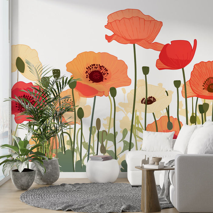 Poppy mural wallpaper | white background painting with vibrant orange-red poppies and greenery in a modern living room setting