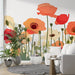 Poppy mural wallpaper | white background painting with vibrant orange-red poppies and greenery in a modern living room setting