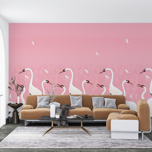 Powder Crane and dragonfly wallpaper mural | fresh and soft, warm atmosphere - Carving wallpaper