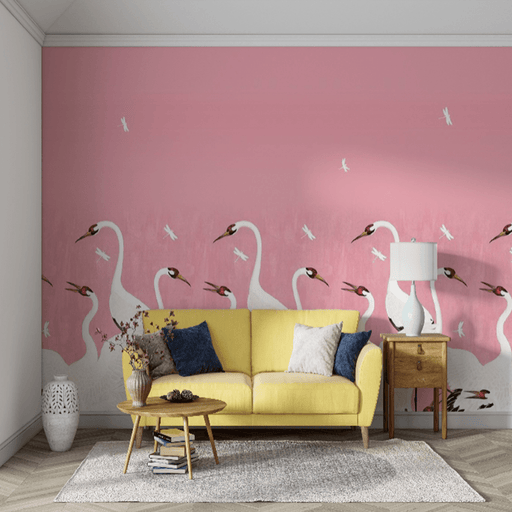 Powder Crane and dragonfly wallpaper mural | fresh and soft, warm atmosphere - Carving wallpaper