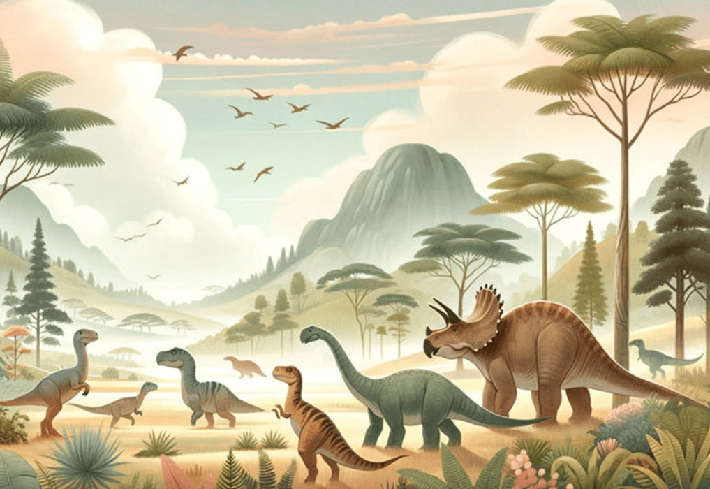 Prehistoric Dinosaur Landscape Wallpaper | Soft-Toned Jurassic World featuring Triceratops, long-necked dinosaurs, pterosaurs over misty mountains in a serene prehistoric scene