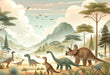 Prehistoric Dinosaur Landscape Wallpaper | Soft-Toned Jurassic World featuring Triceratops, long-necked dinosaurs, pterosaurs over misty mountains in a serene prehistoric scene