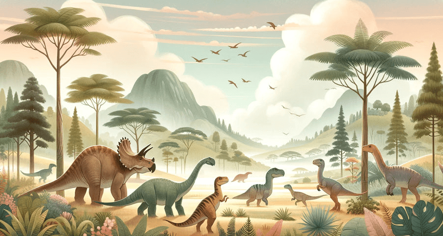 Prehistoric Dinosaur Landscape Wallpaper | Soft-Toned Jurassic World: tranquil scene of Triceratops and long-necked dinosaurs in a lush prehistoric landscape with pterosaurs flying over misty mountains