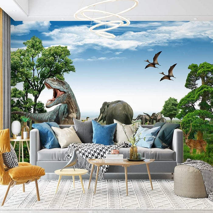 Prehistoric Safari Wallpaper Mural: T-Rex, Triceratops & Modern Wildlife in Lush Grassland