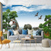 Prehistoric Safari Wallpaper Mural: T-Rex, Triceratops & Modern Wildlife in Lush Grassland