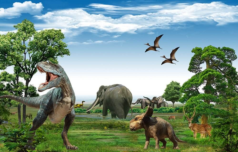 Prehistoric Safari Wallpaper Mural: T-Rex, Triceratops & Modern Wildlife in Lush Grassland