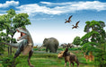 Prehistoric Safari Wallpaper Mural: T-Rex, Triceratops & Modern Wildlife in Lush Grassland