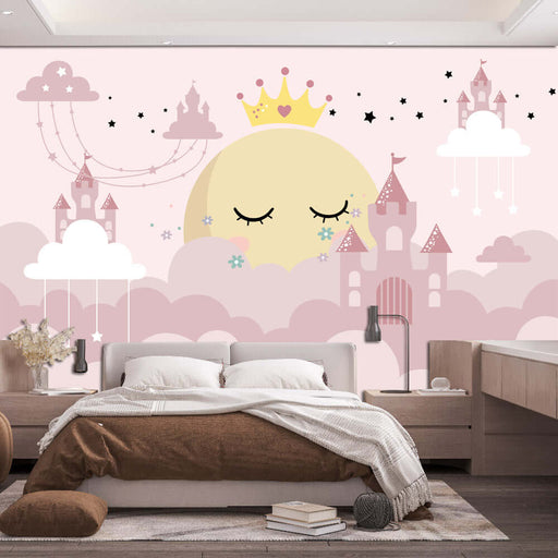 Princess Castle Wallpaper Mural | Sweet Decorative Wall in Children's Room Bedroom - dreamy moon sun princess crown wall decor for kids' room with castles