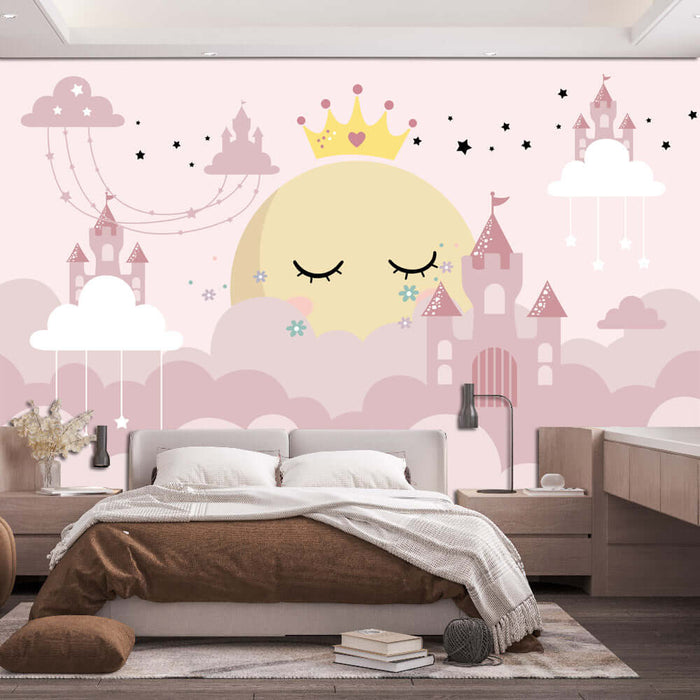Princess Castle Wallpaper Mural | Sweet Decorative Wall in Children's Room Bedroom - dreamy moon sun princess crown wall decor for kids' room with castles